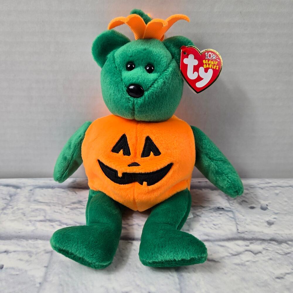VTG Halloween Tricky Beanie Baby Green Bear Jackolantern Costume Shelf Sitter 03
